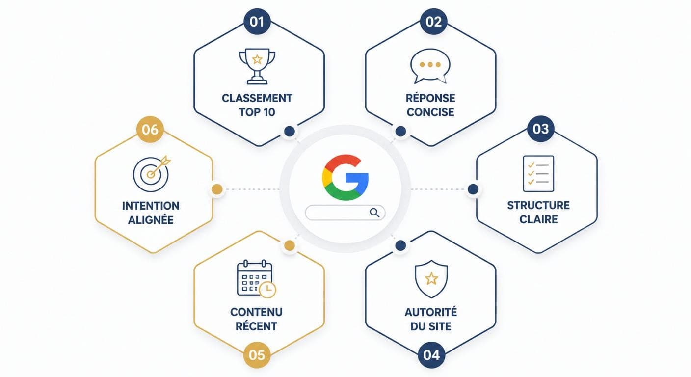 Infographie des six critères utilisés par Google pour sélectionner un featured snippet