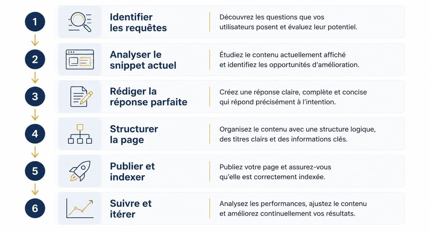 Infographie présentant les six étapes de la méthode Centauri pour gagner un featured snippet