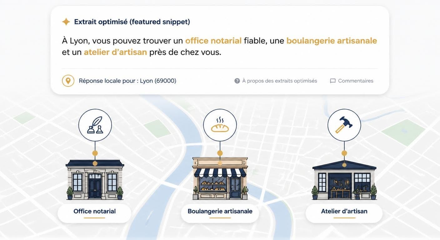 Infographie reliant featured snippet et SEO local pour une PME française