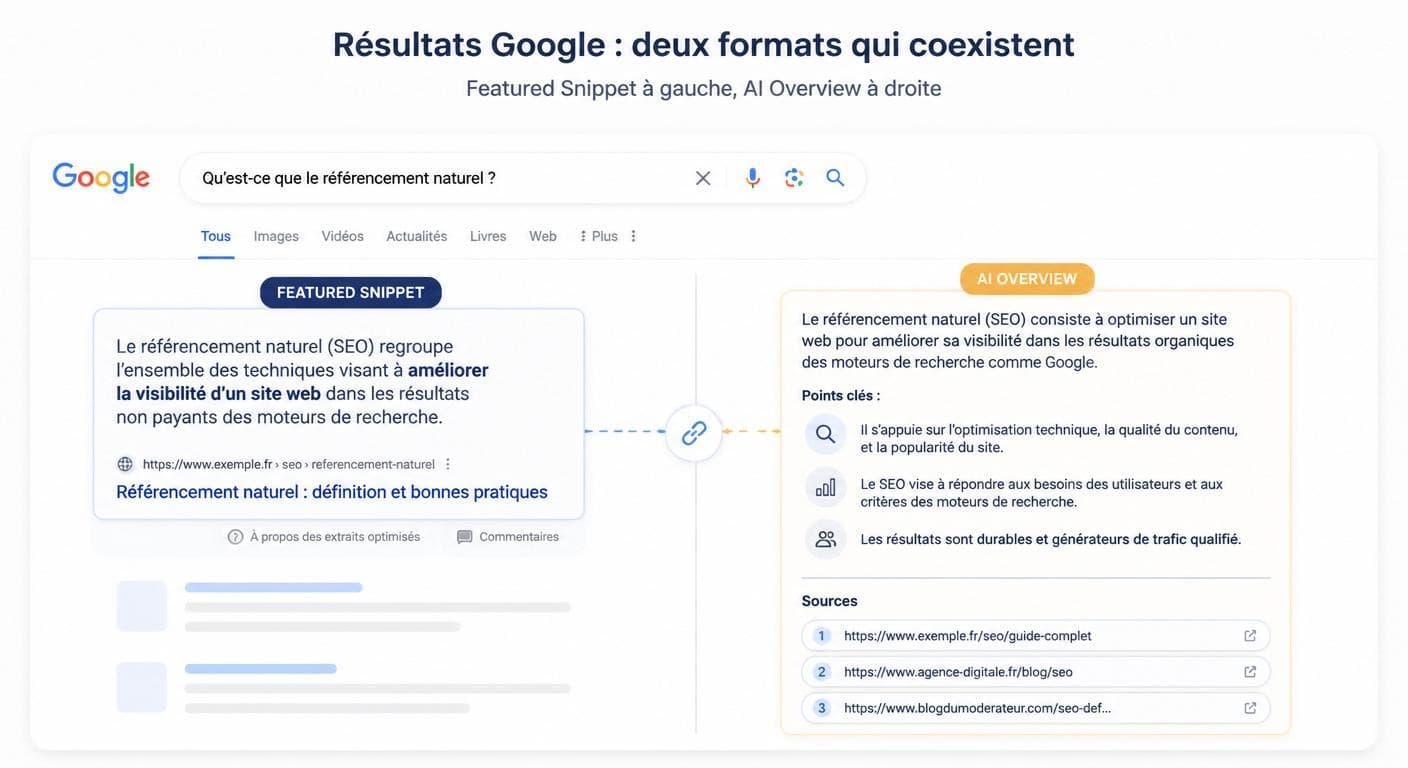 Illustration de la cohabitation entre featured snippet et AI Overview sur une page Google