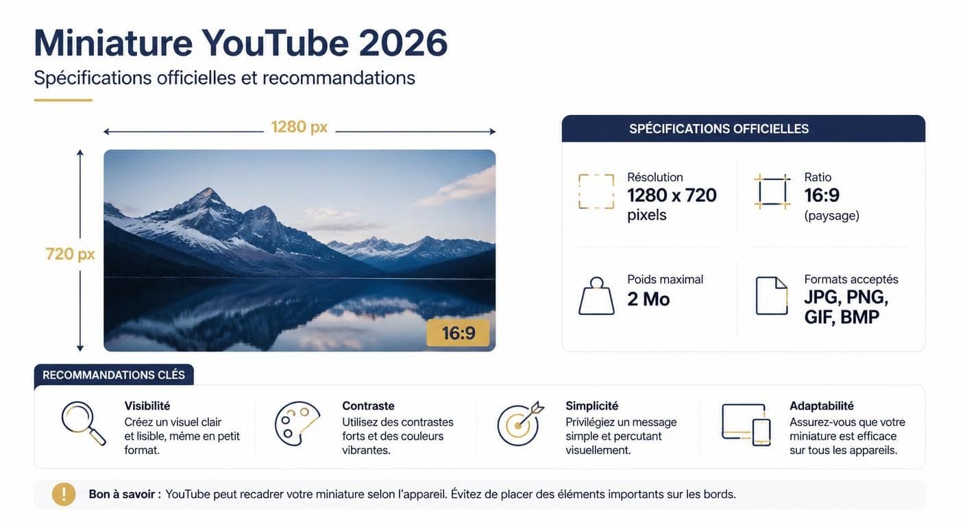 Infographie des spécifications officielles d'une miniature YouTube en 2026