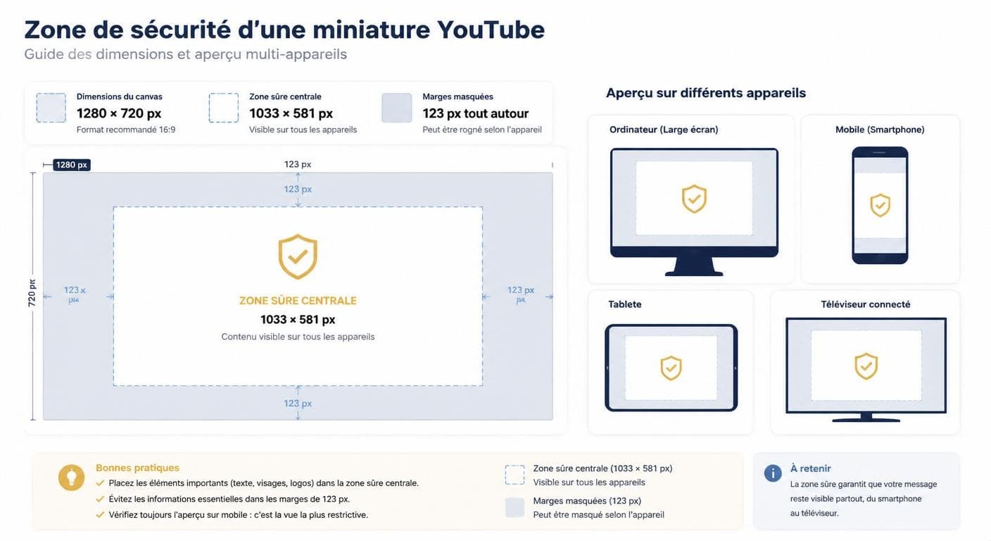 Schéma de la zone de sécurité d'une miniature YouTube selon l'appareil