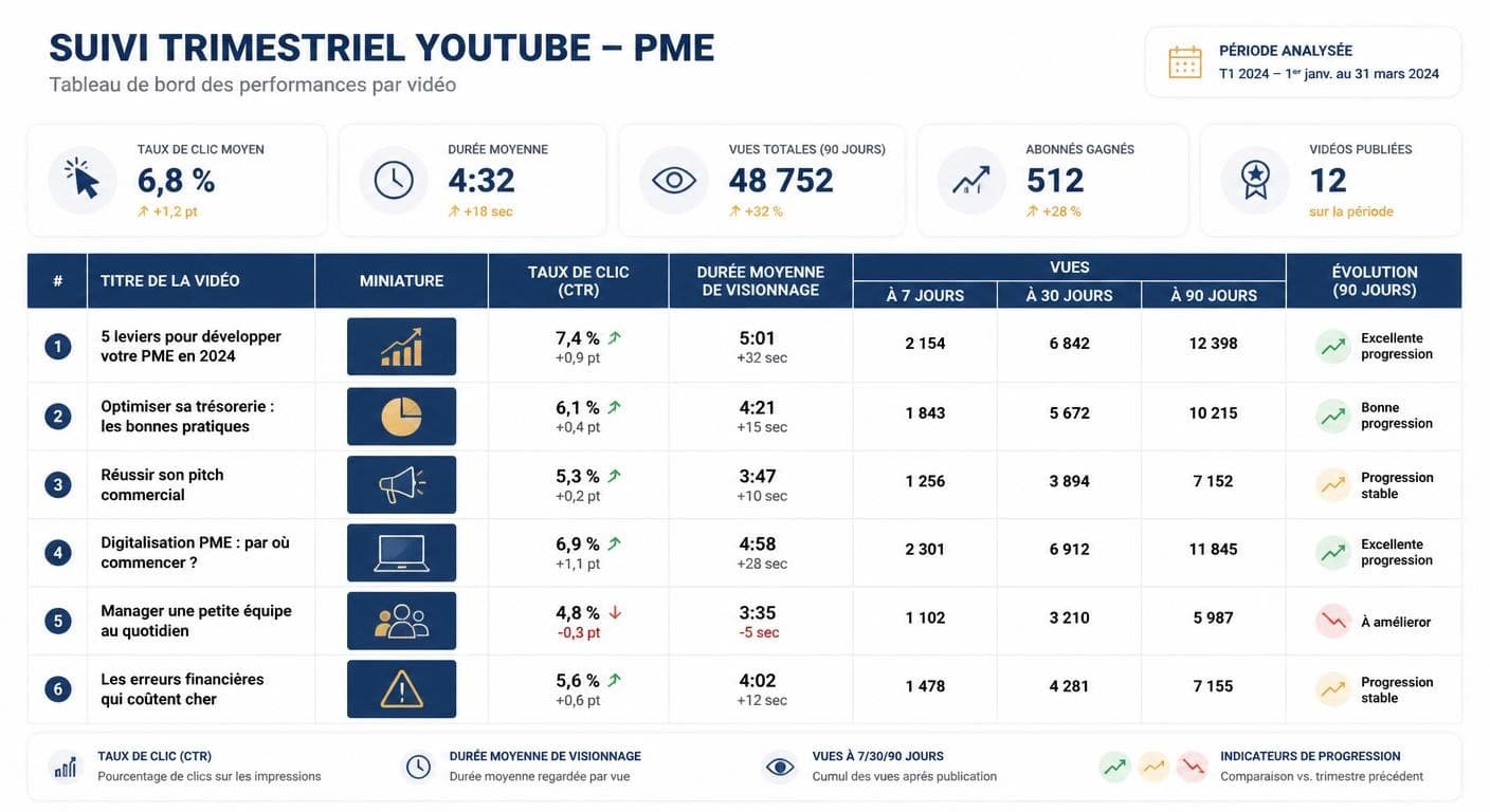 Modèle de tableau de pilotage trimestriel YouTube pour une PME