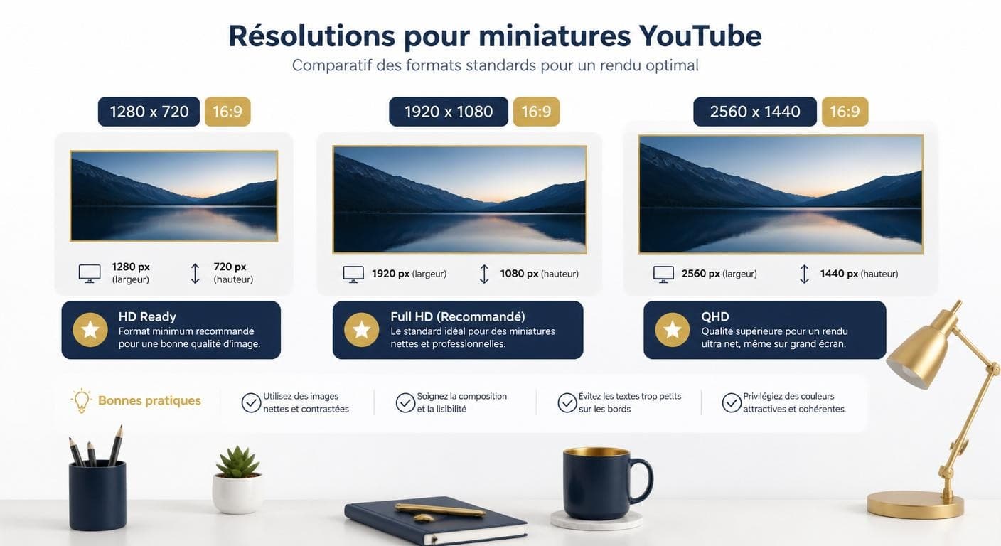 Comparaison visuelle des résolutions équivalentes pour une miniature YouTube