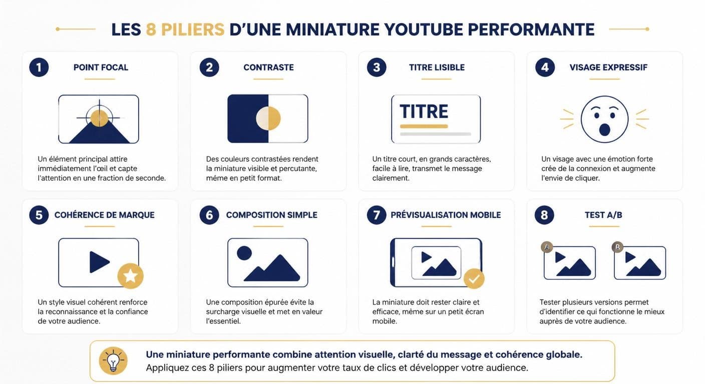 Infographie des 8 piliers d'une miniature YouTube qui génère des clics
