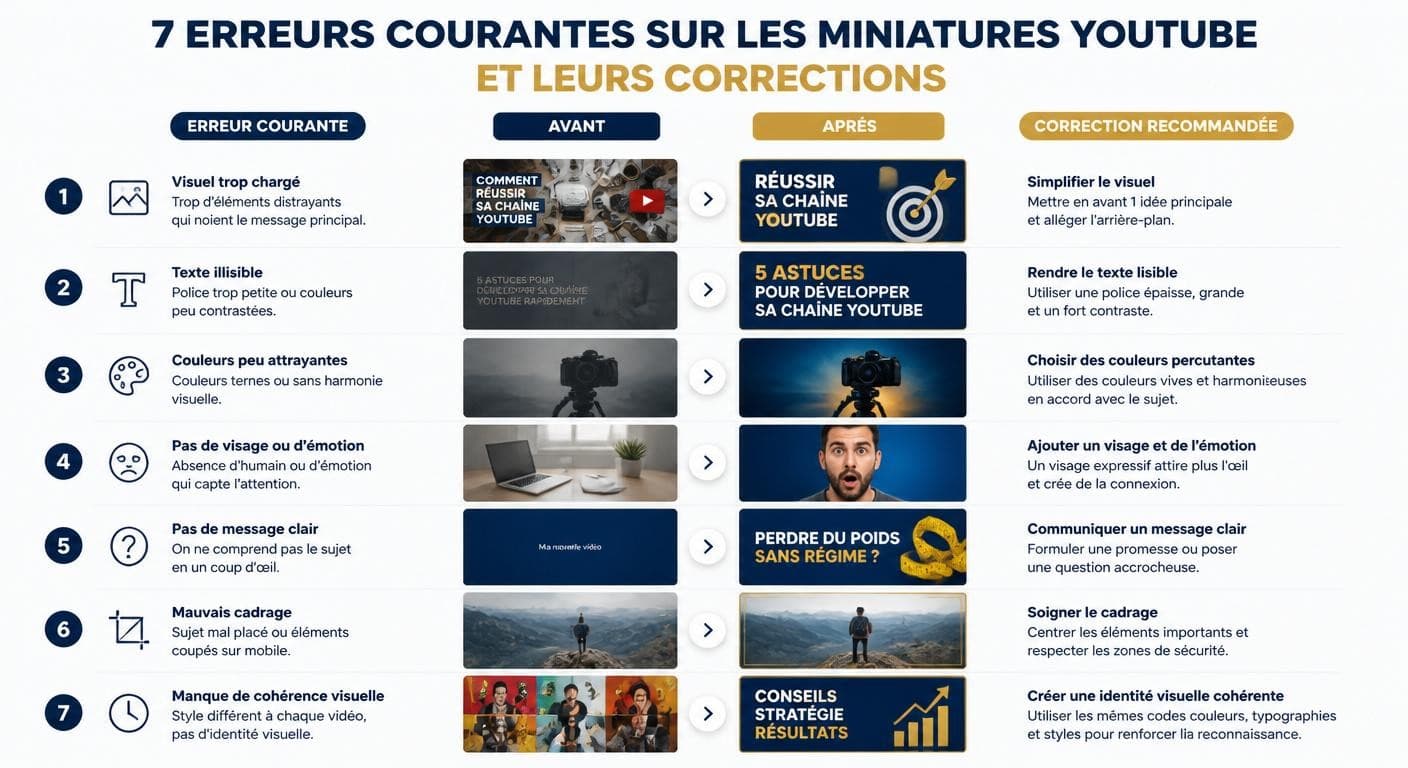 Infographie des erreurs les plus fréquentes sur une miniature YouTube et leur correction