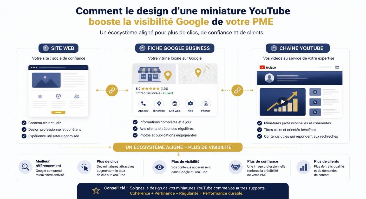 Infographie reliant la miniature YouTube à la visibilité Google globale d'une PME