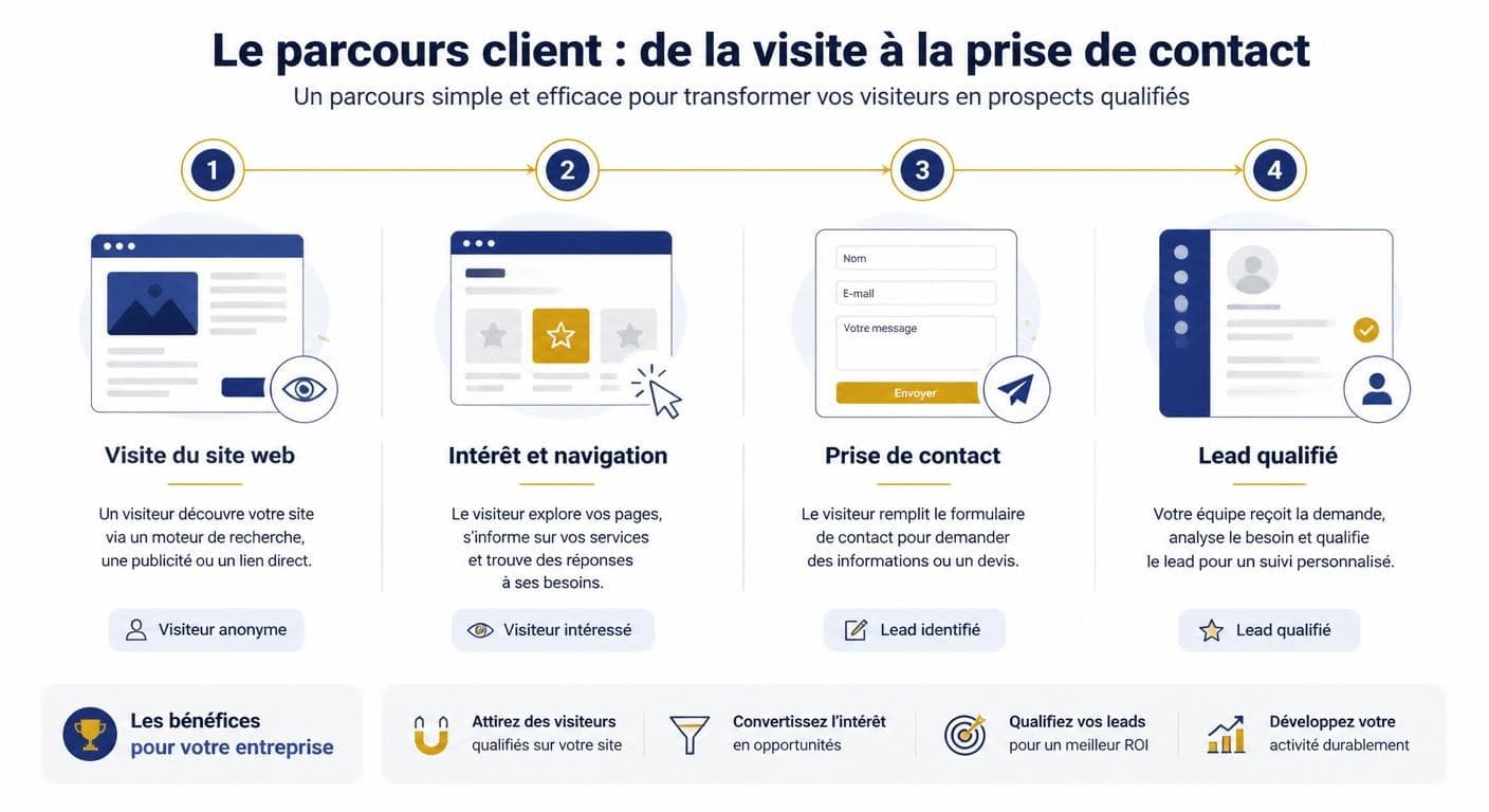 Infographie du parcours visiteur vers lead qualifié via formulaire de contact