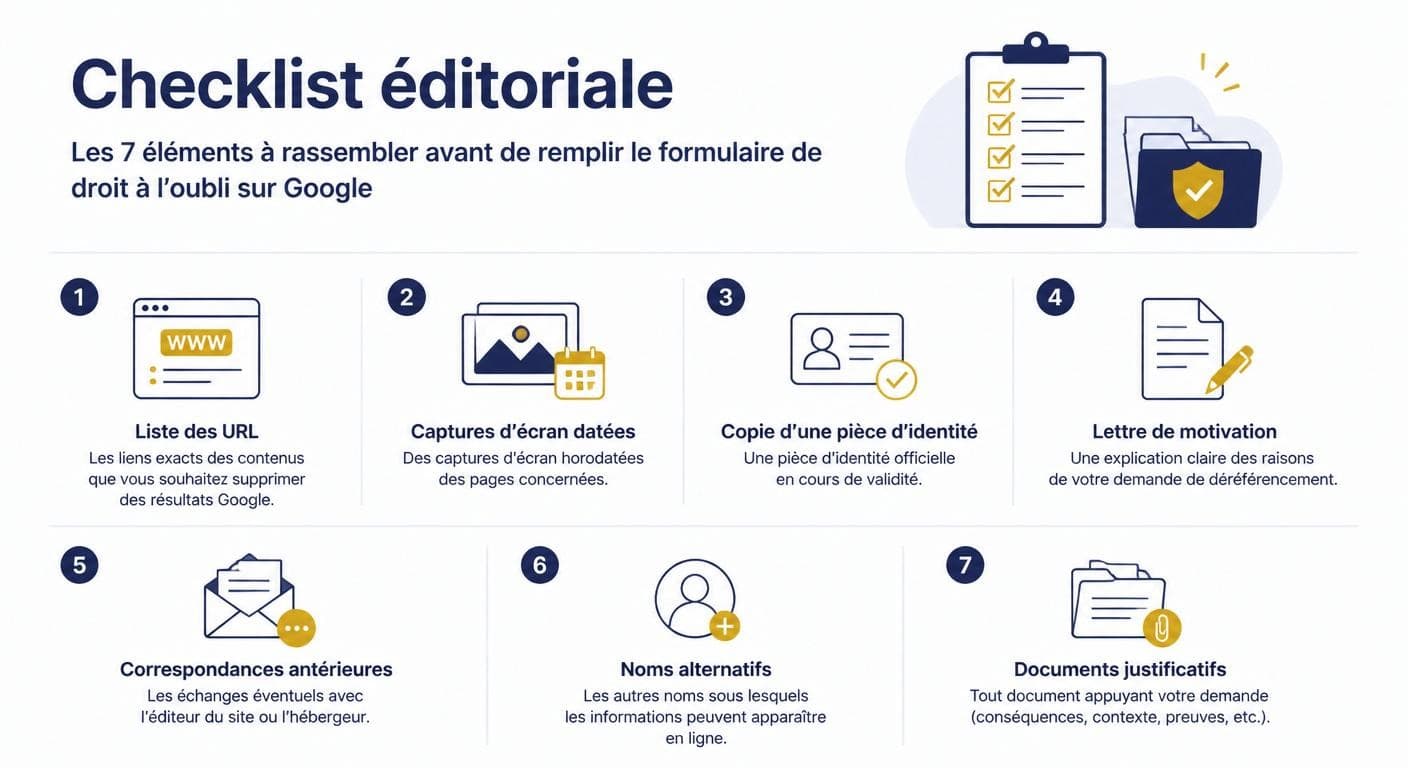 Checklist visuelle des sept pièces à préparer avant de remplir le formulaire droit à l'oubli Google