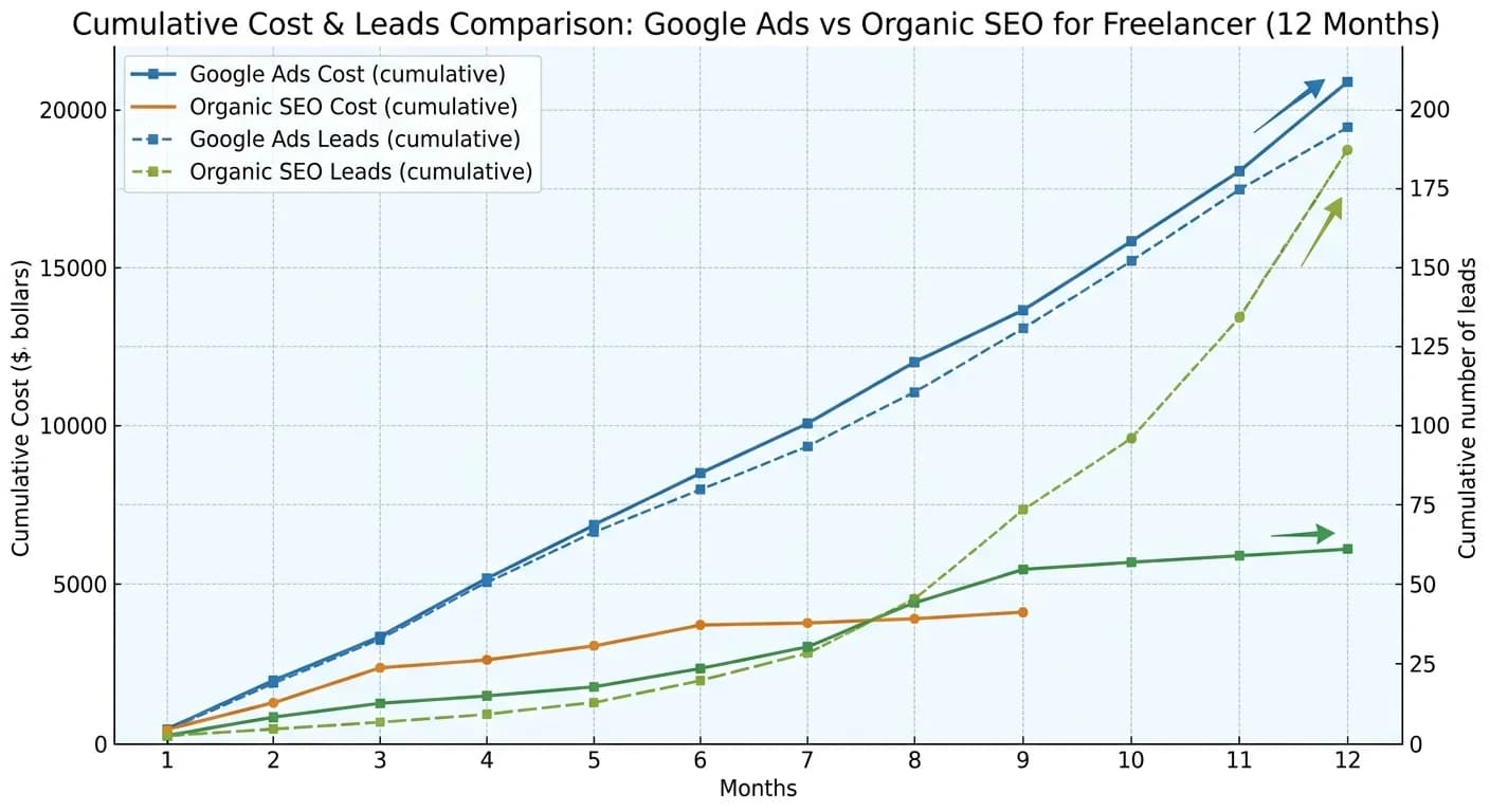 Courbe comparative du coût et des leads google ads versus SEO organique sur 12 mois pour un freelance
