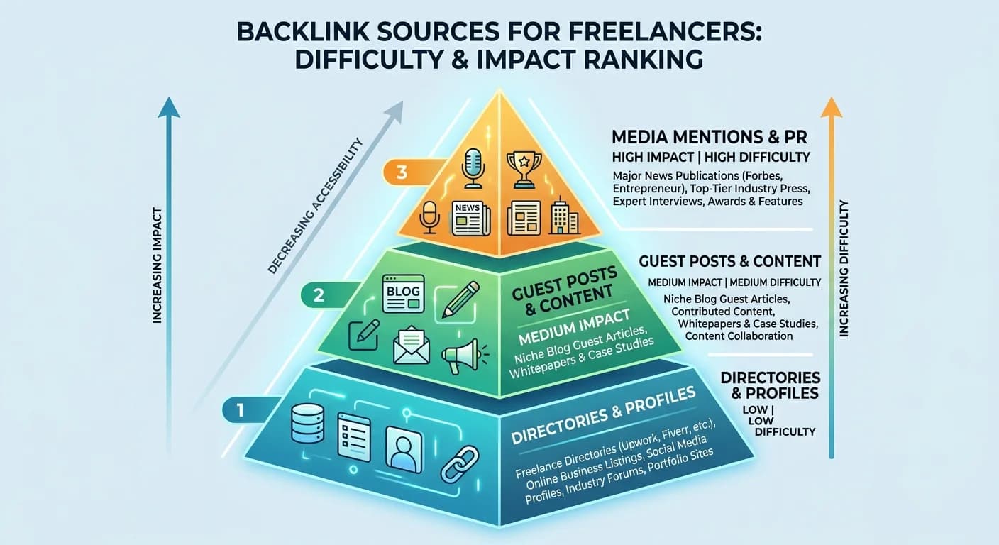 Pyramide des sources de backlinks pour freelance classées par difficulté et impact