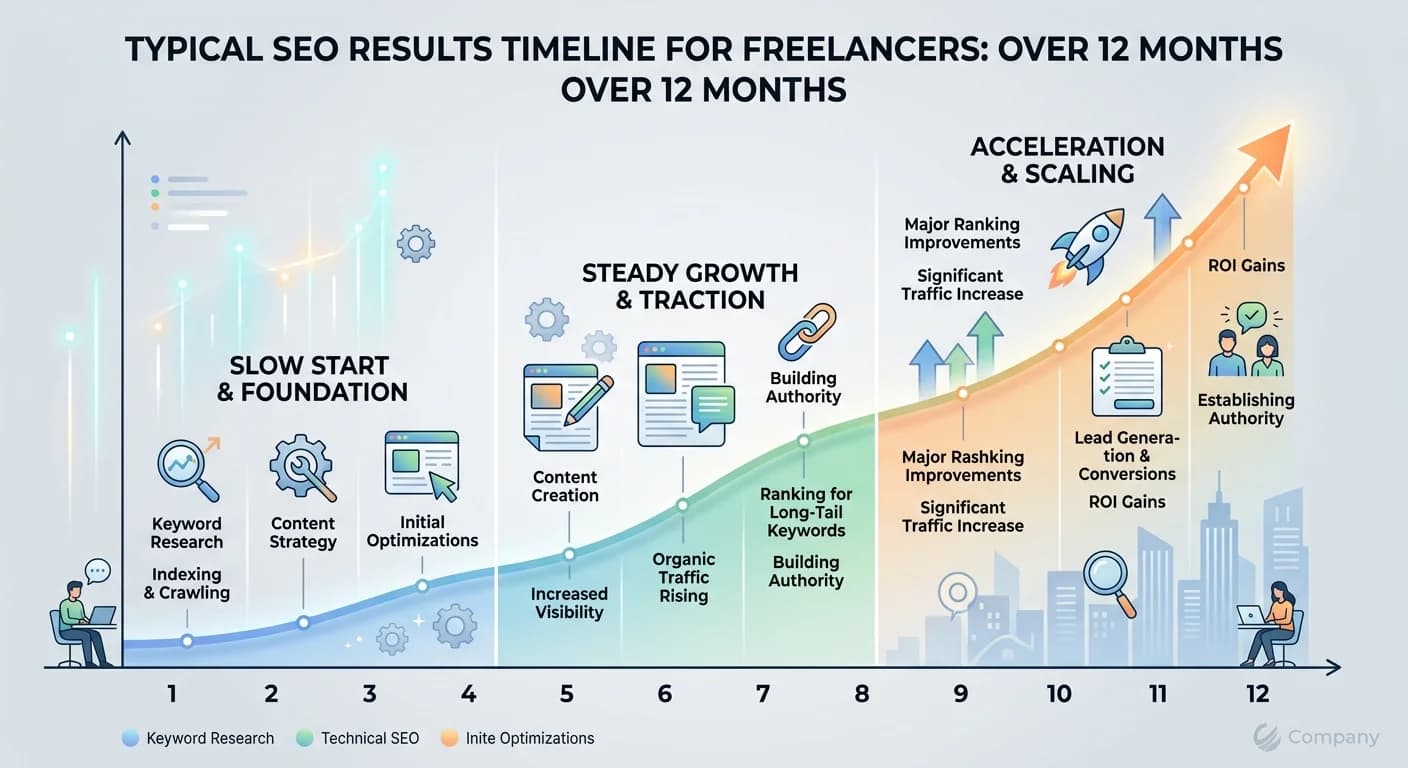 Courbe typique des résultats SEO pour un freelance sur 12 mois