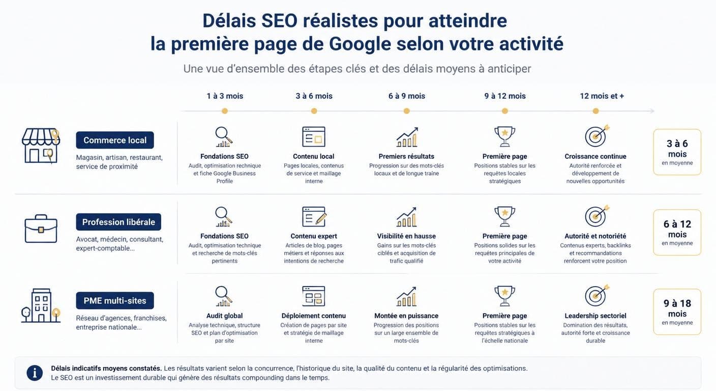 Délais réalistes pour atteindre la première page Google selon le type d'activité