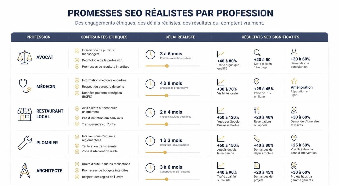 Promesses SEO réalistes par profession libérale et artisan