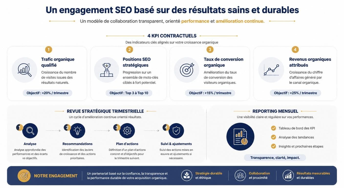 Modèle d'engagement de résultat SEO sain mesuré par KPIs
