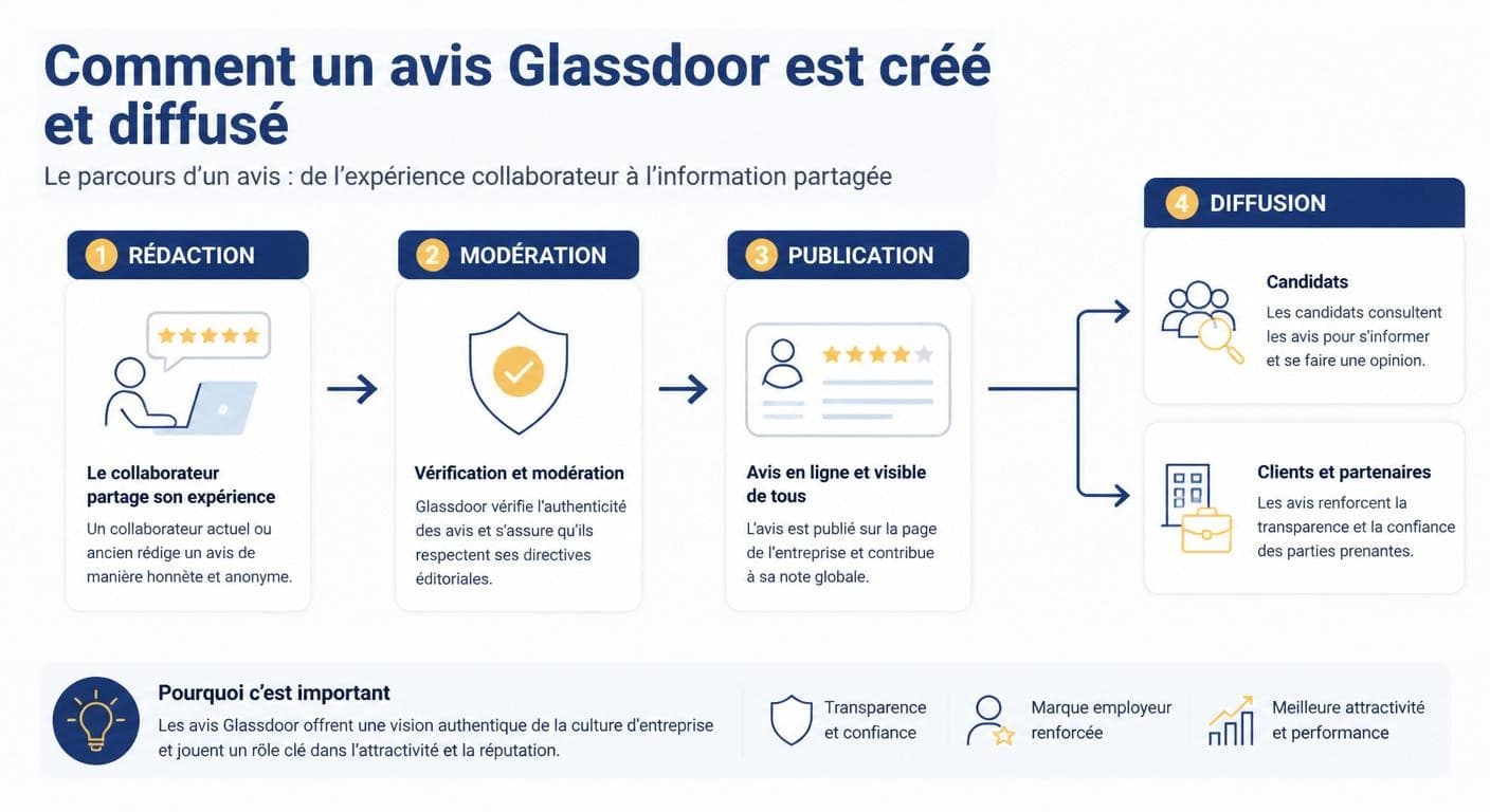 Schéma du cycle de publication d'un avis Glassdoor entreprise et de sa diffusion