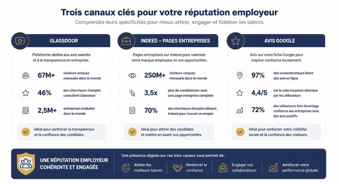 Comparatif visuel Glassdoor, Indeed entreprise et avis Google pour la réputation employeur