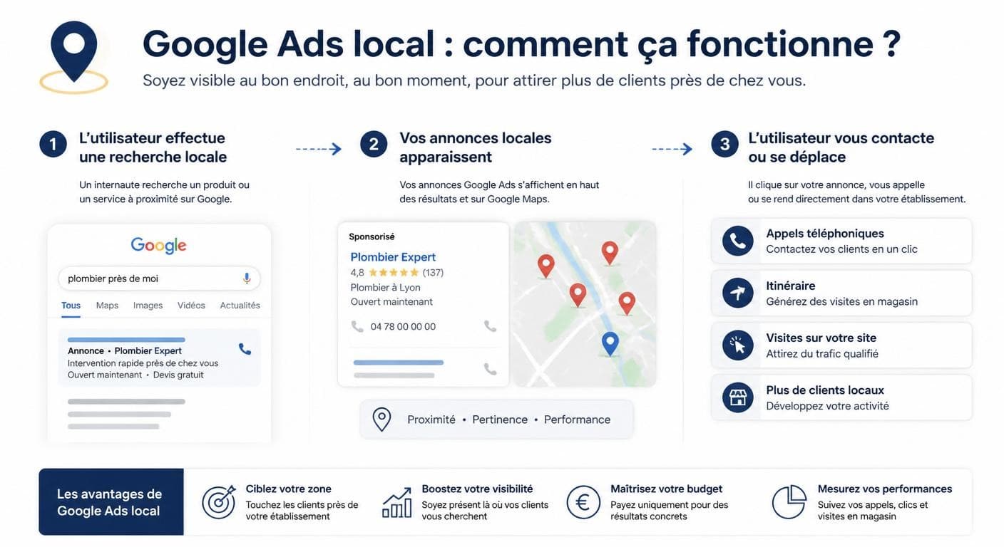 Infographie expliquant le fonctionnement de Google Ads local sur Search et Maps pour une PME française