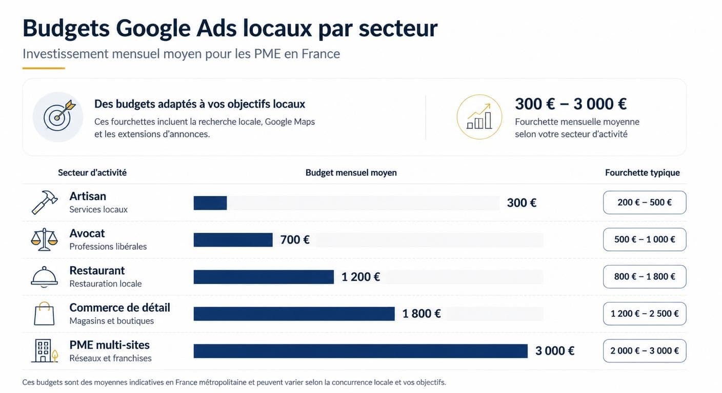 Infographie des budgets mensuels Google Ads local recommandés par secteur en France