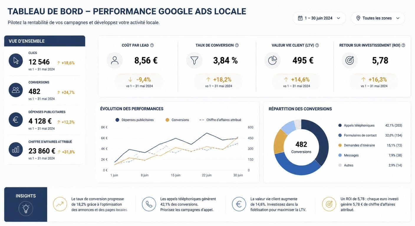 Infographie des indicateurs clés pour mesurer la rentabilité d'une campagne Google Ads local