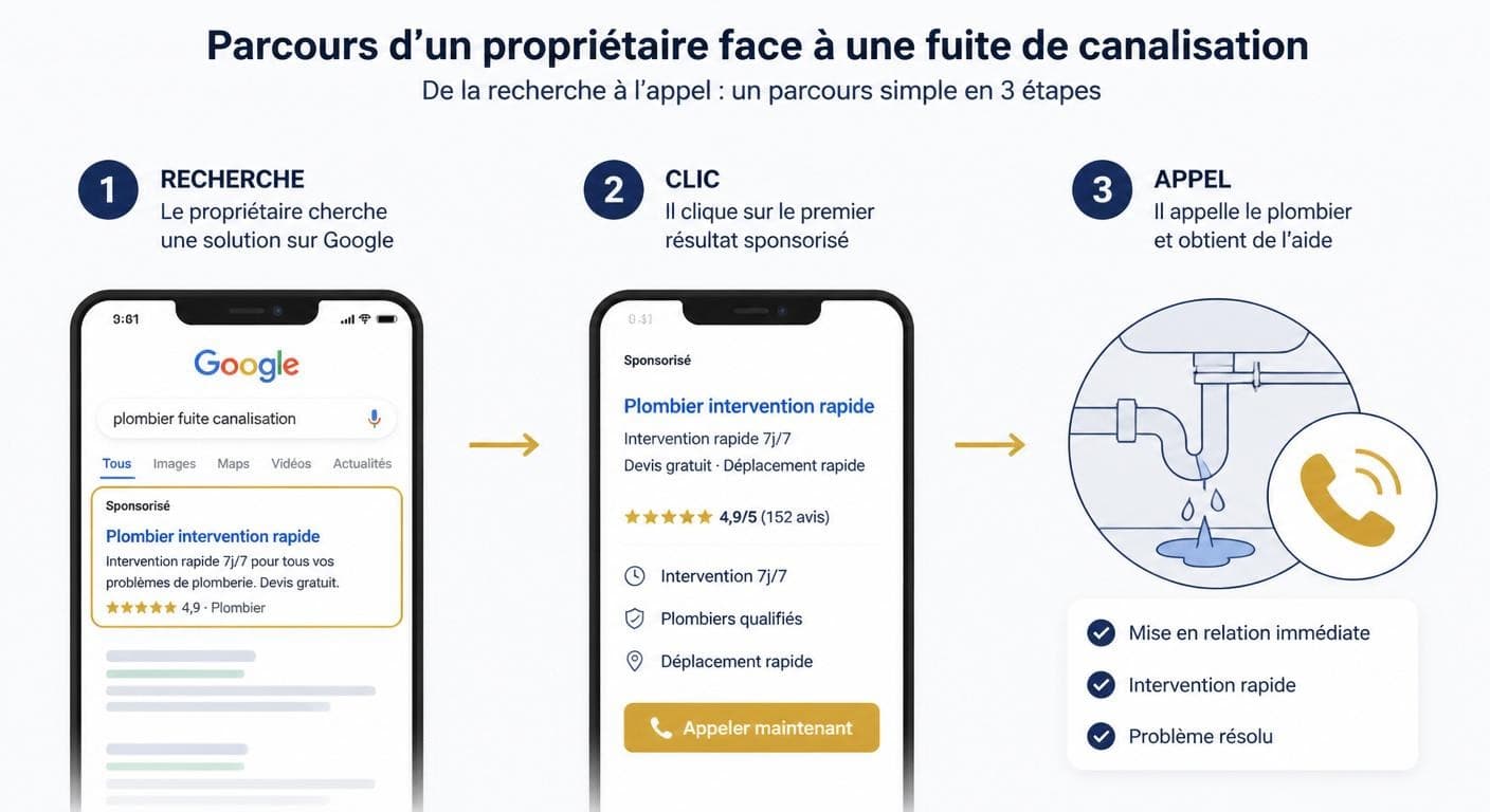 Infographie du parcours utilisateur d'un client qui contacte un plombier via Google Ads