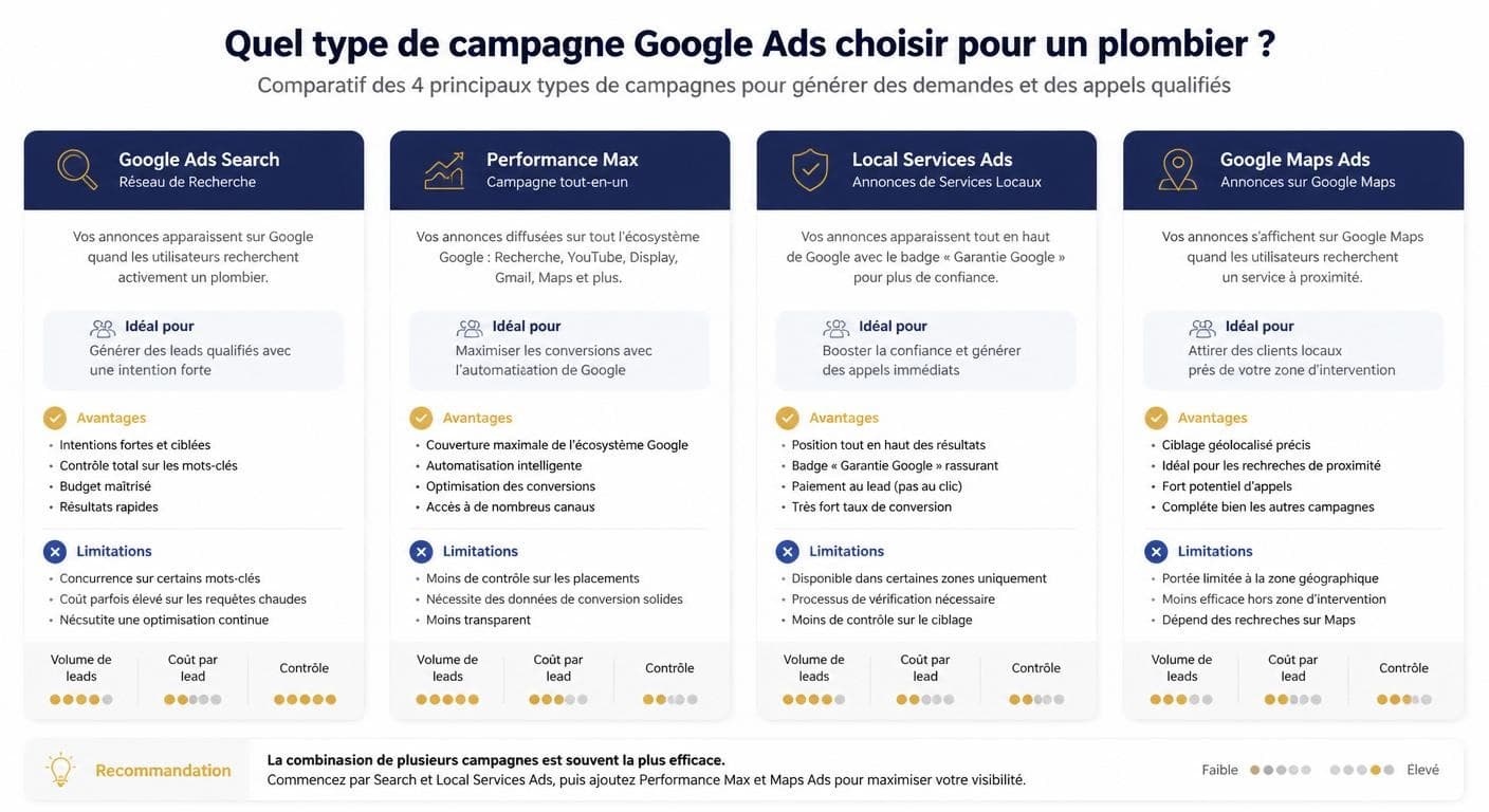 Infographie comparative des quatre types de campagnes Google Ads pour plombiers