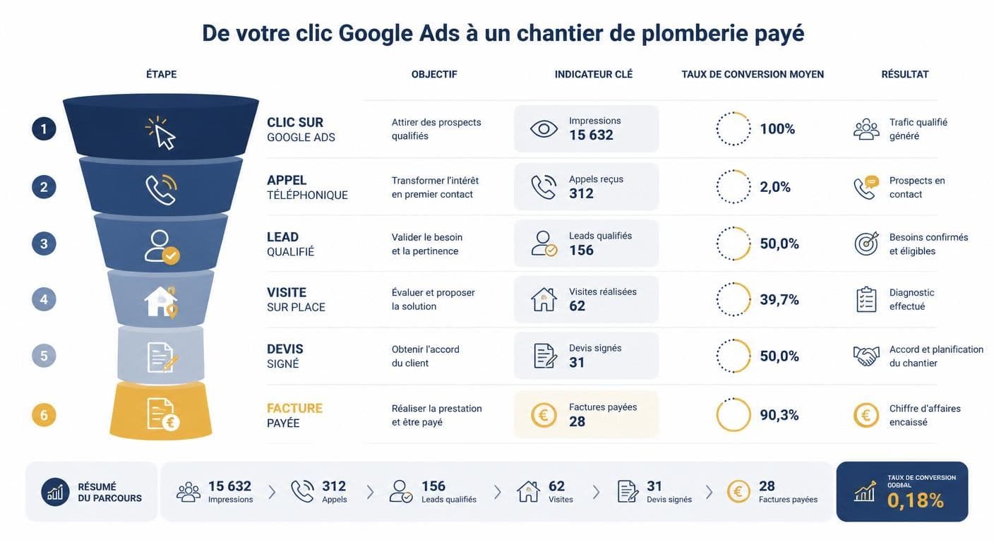 Infographie de l'entonnoir de conversion Google Ads pour un plombier, du clic au chantier facturé