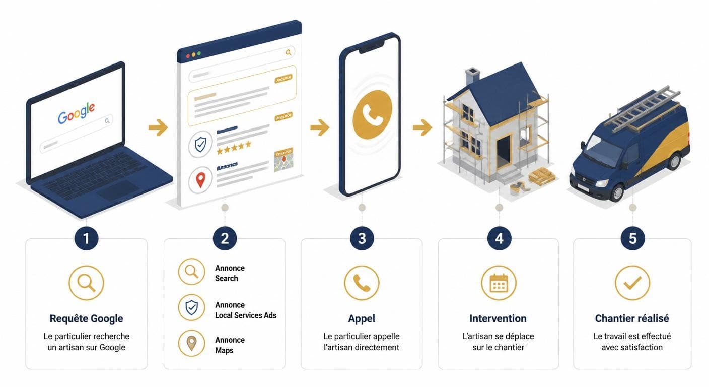 Infographie expliquant le principe de la publicité de réponse Google Ads pour un artisan