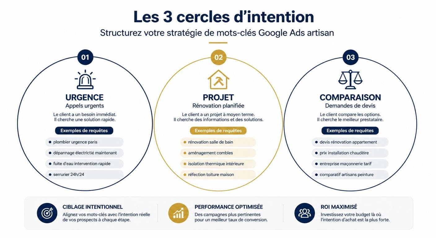 Schéma des trois cercles d'intention pour choisir ses mots-clés Google Ads artisan