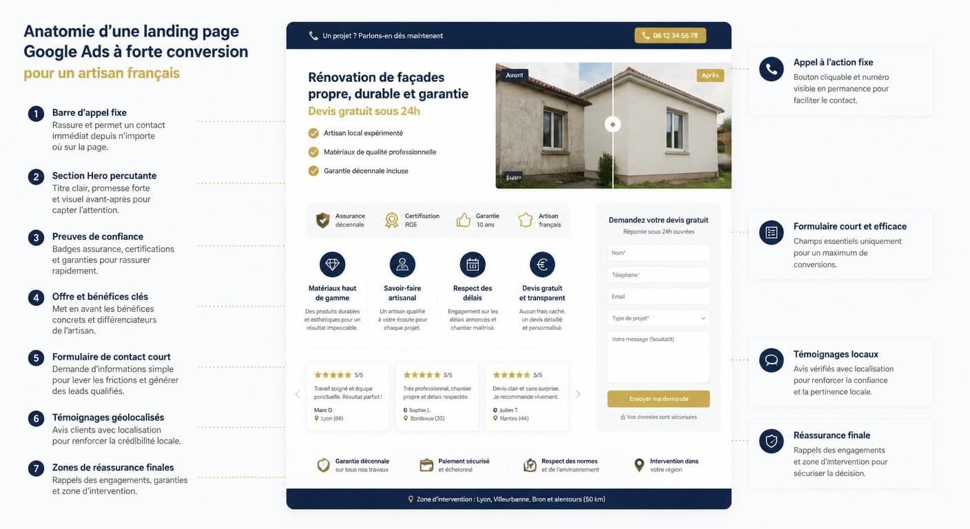 Schéma anatomique d'une landing page artisan optimisée pour la conversion Google Ads