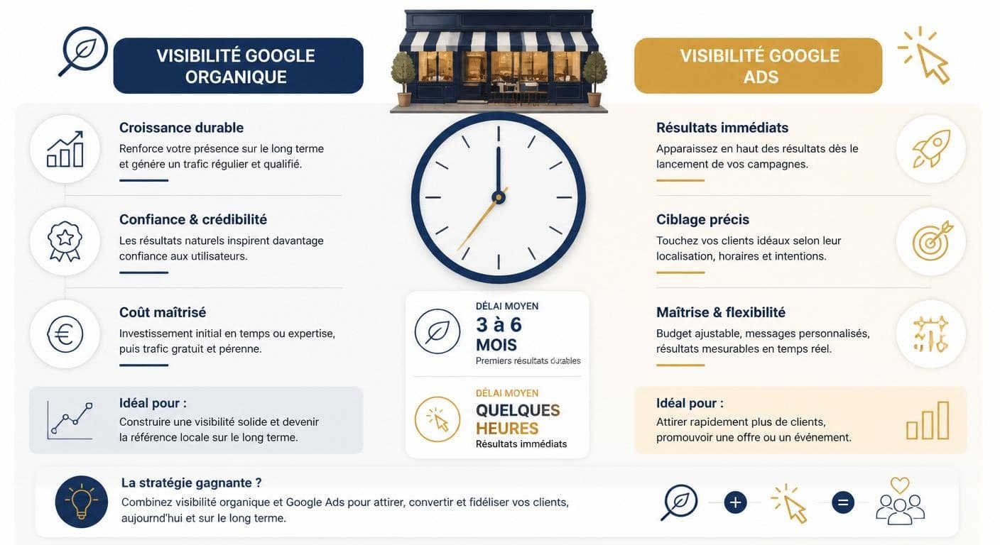 Comparaison de la visibilité organique et de la visibilité Google Ads pour un restaurant