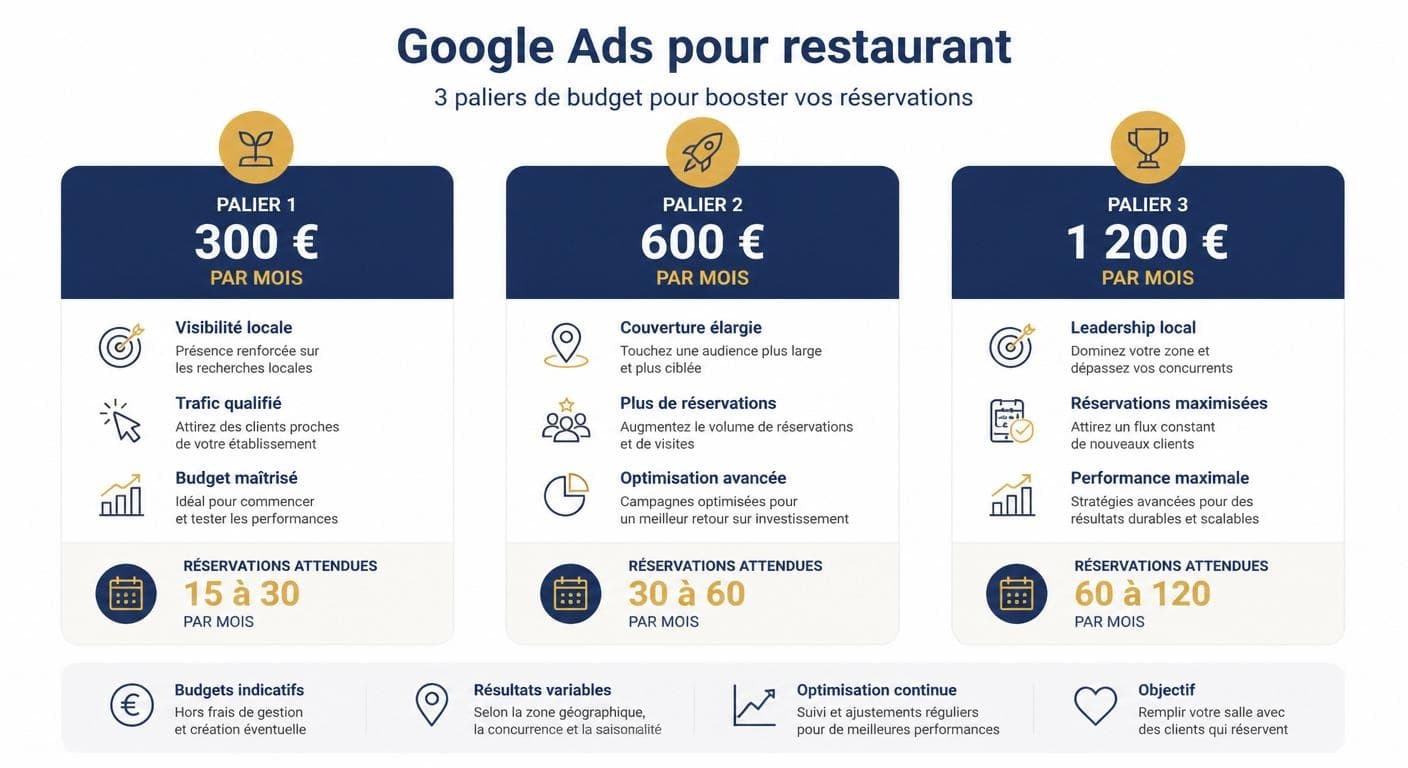 Trois paliers de budget Google Ads mensuels pour un restaurant français