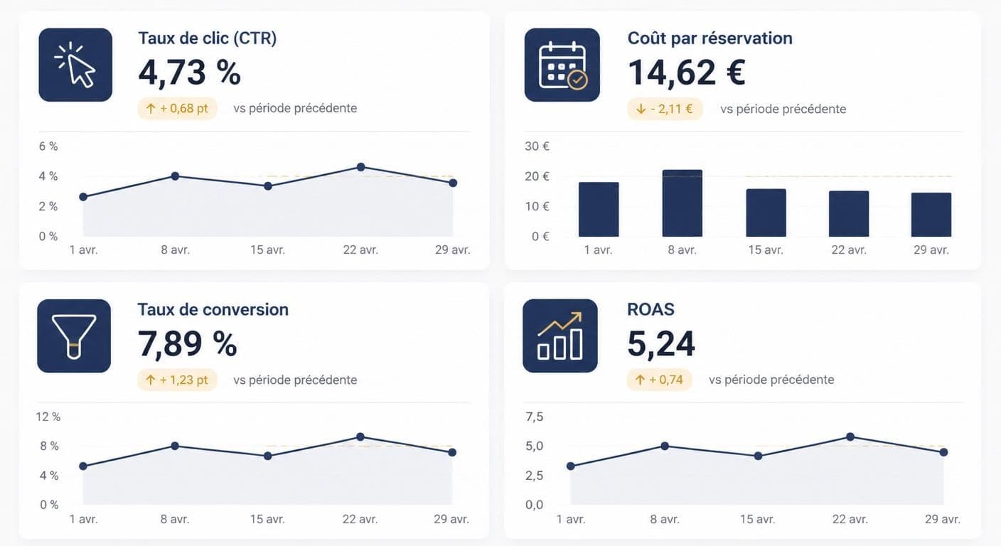 Tableau de bord des quatre indicateurs clés d'une campagne Google Ads restaurant