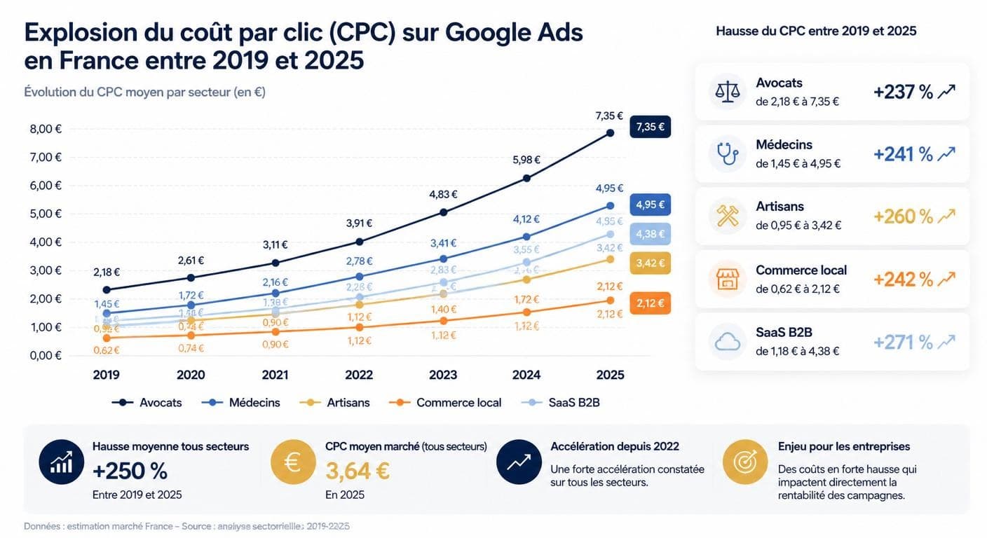 Évolution du coût par clic Google Ads par secteur en France de 2019 à 2025