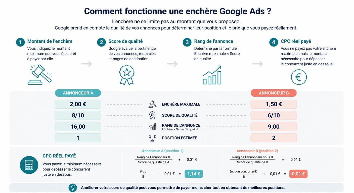 Schéma pédagogique du fonctionnement d'une enchère Google Ads avec score de qualité