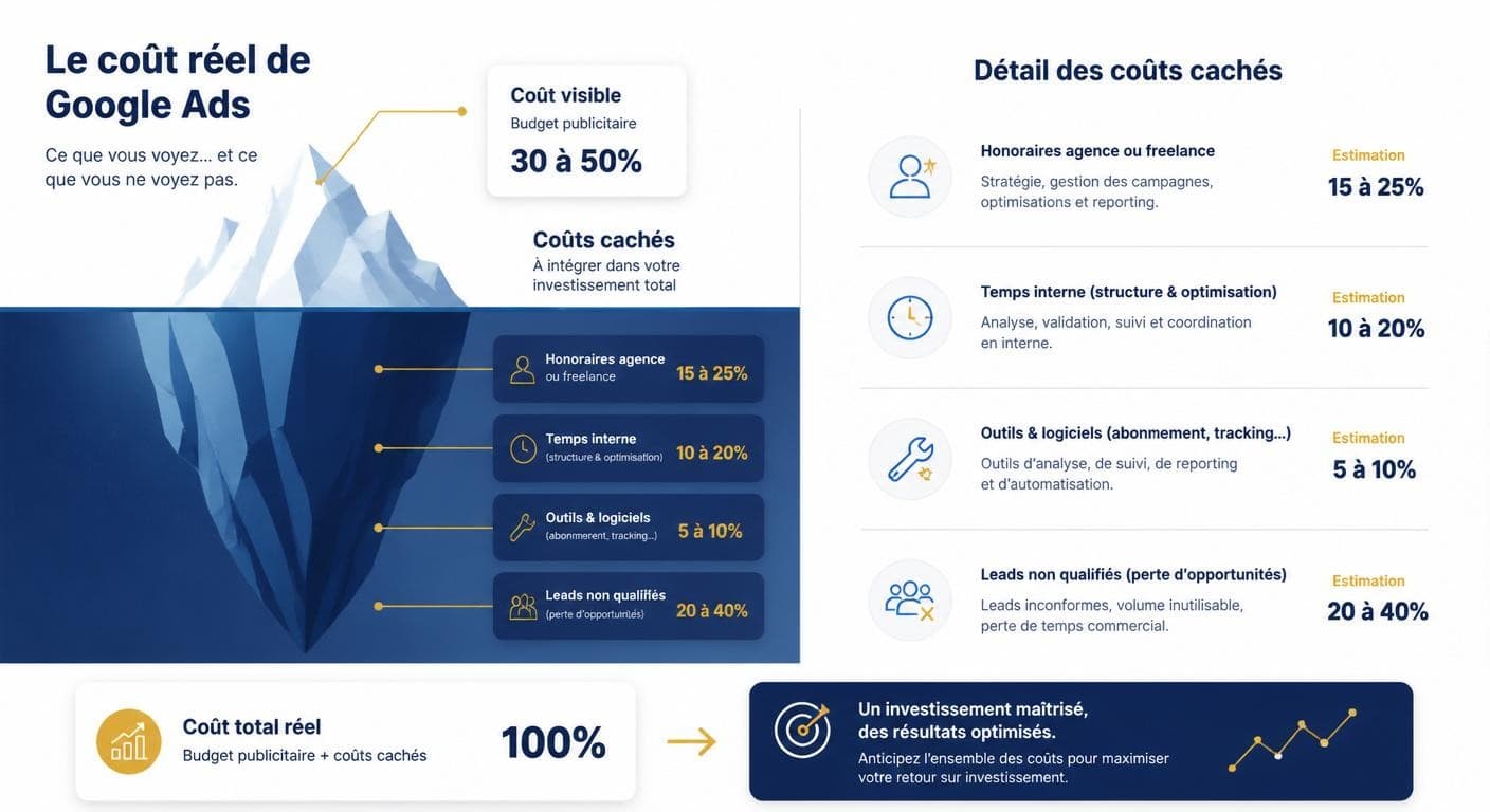 Iceberg du coût réel Google Ads avec coûts visibles et coûts cachés pour PME