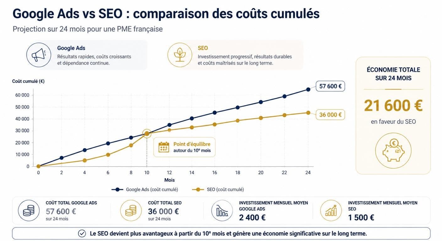 Comparatif chiffré du coût cumulé Google Ads contre référencement naturel sur 24 mois