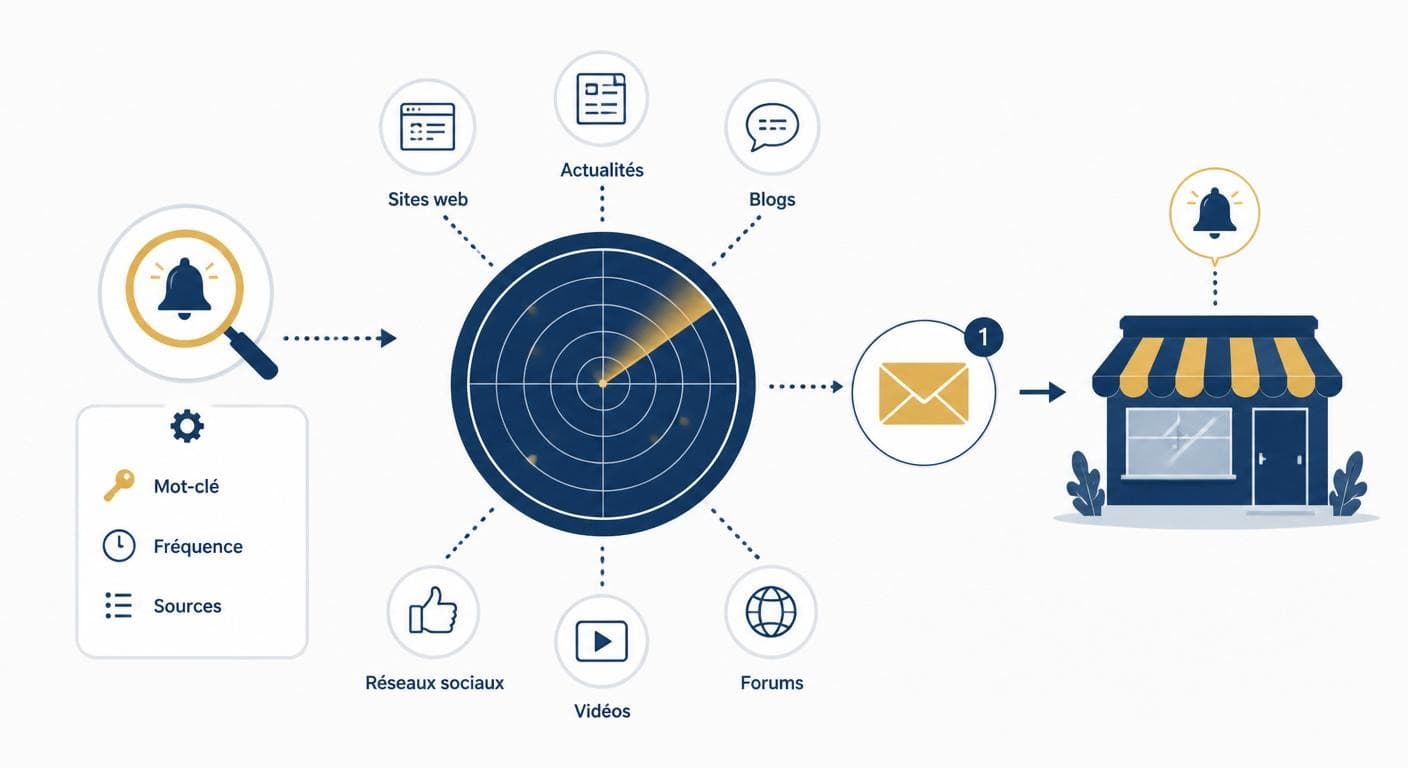 Infographie expliquant le fonctionnement de Google Alerts pour une petite entreprise