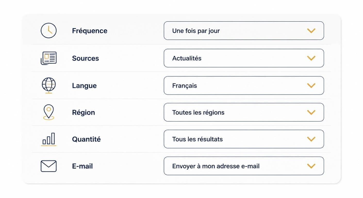 Infographie des paramètres de configuration de Google Alertes