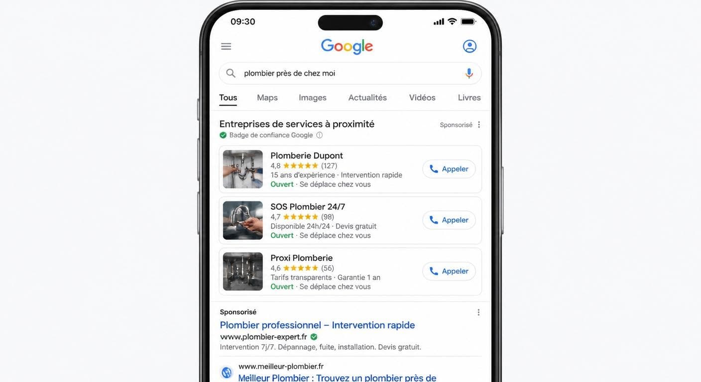 Schéma montrant l'emplacement des Google Local Service Ads en haut des résultats de recherche