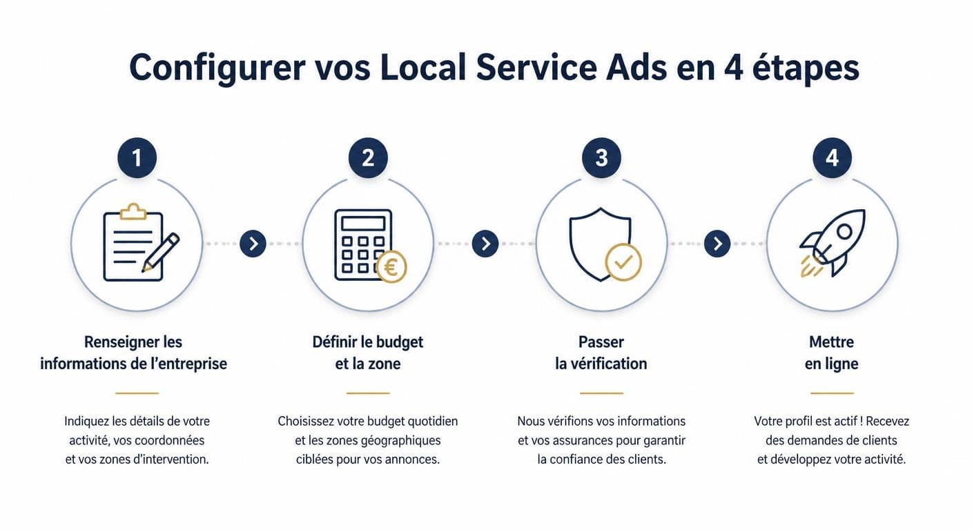 Infographie des quatre étapes de configuration d'un compte Local Service Ads
