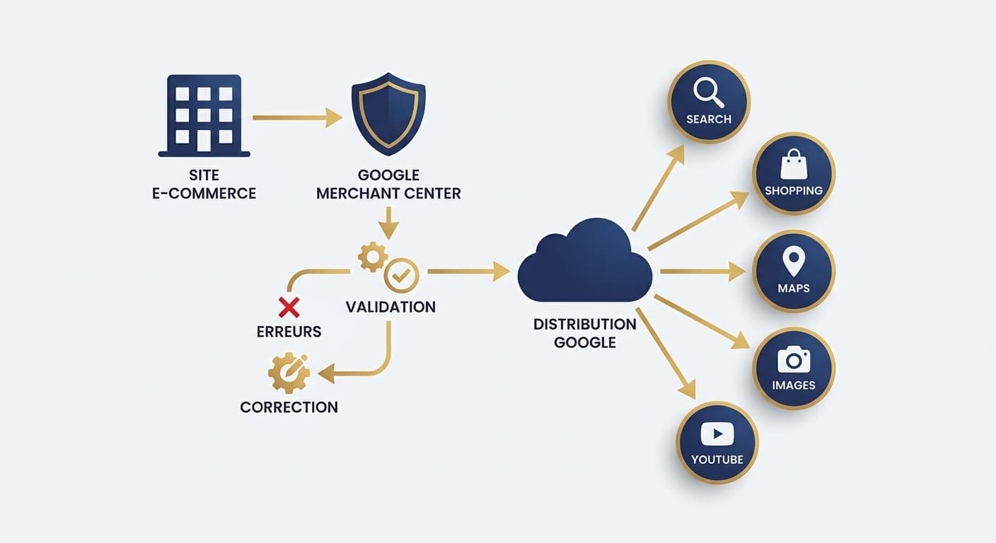 Infographie du cycle de flux produits vers Google Merchant Center