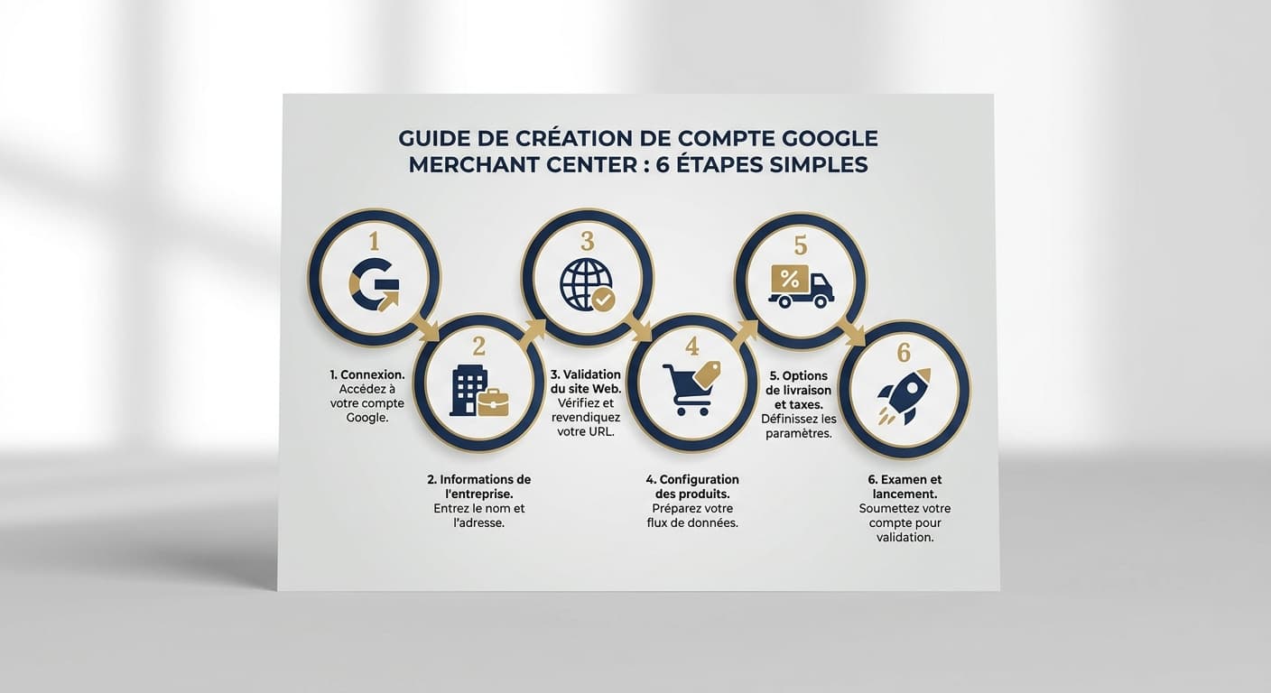 Infographie des 6 étapes de création d'un compte Google Merchant Center