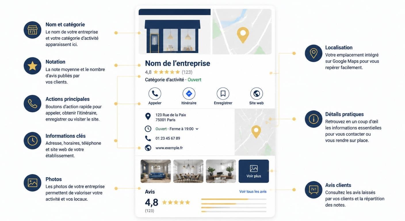 Infographie de l'anatomie d'une fiche Google Business Profile