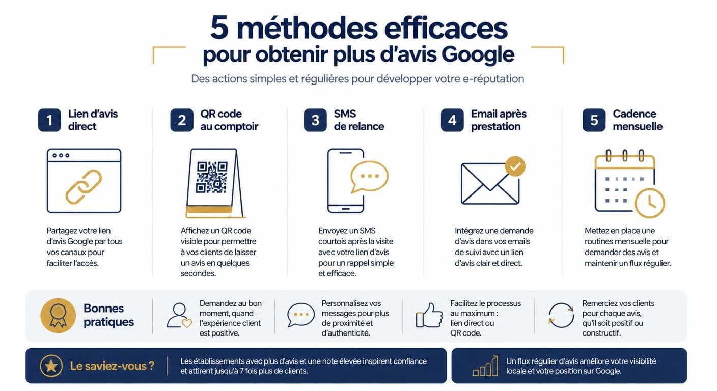 Infographie des méthodes pour obtenir plus d'avis Google My Business