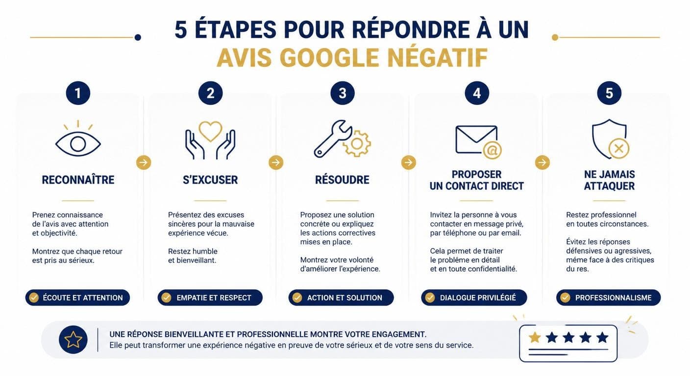 Infographie des étapes pour gérer un avis négatif Google My Business