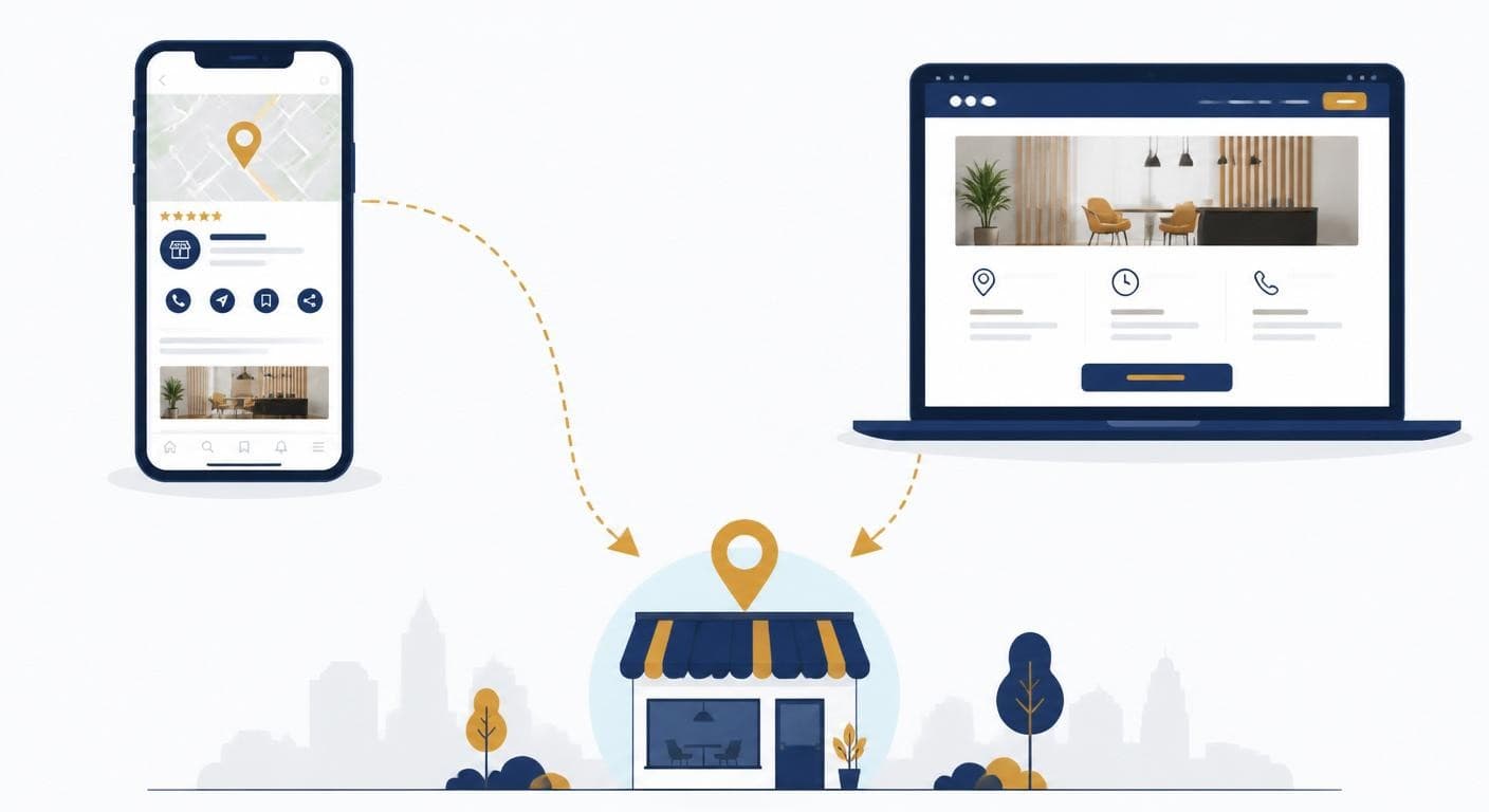 Illustration opposant une fiche Google sur smartphone et un site internet sur ordinateur portable