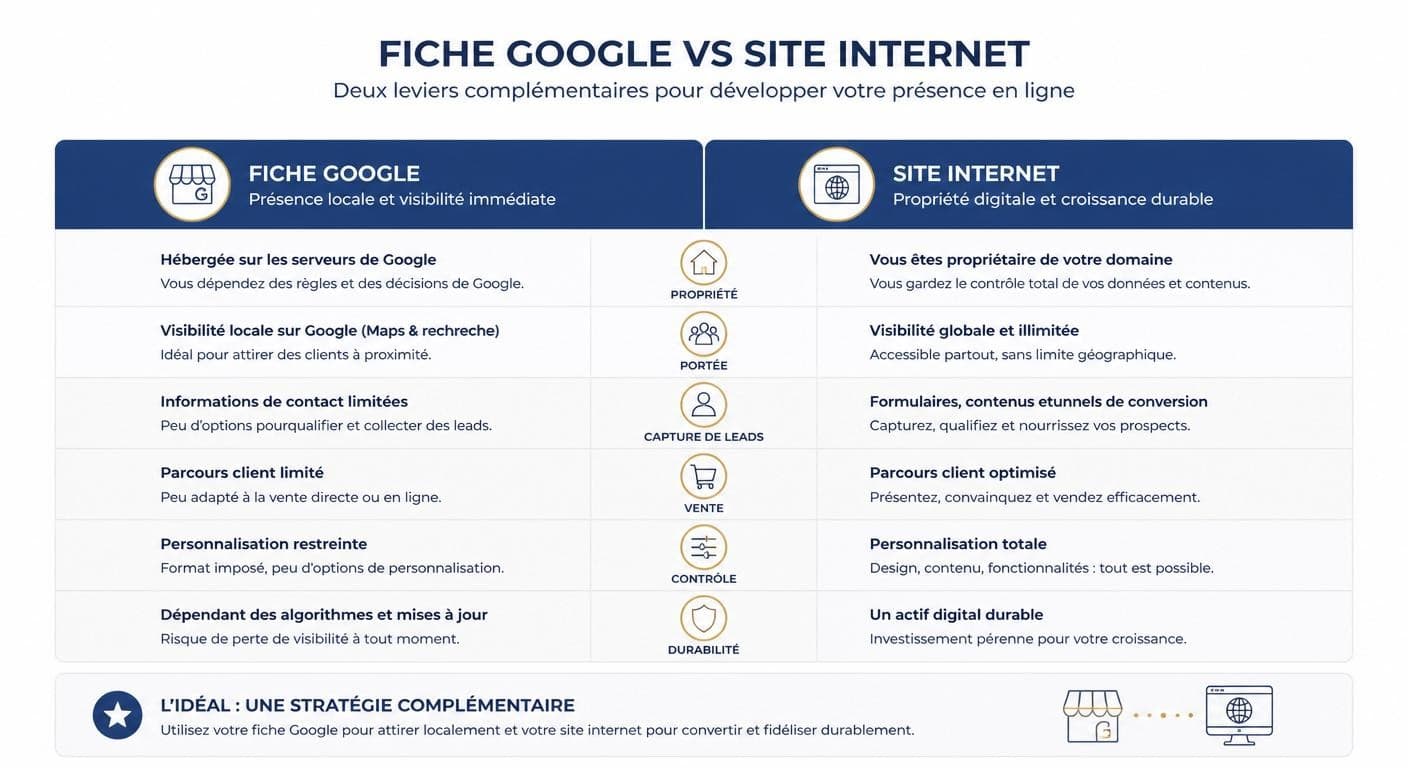 Infographie comparant la fiche Google et le site vitrine sur les critères clés