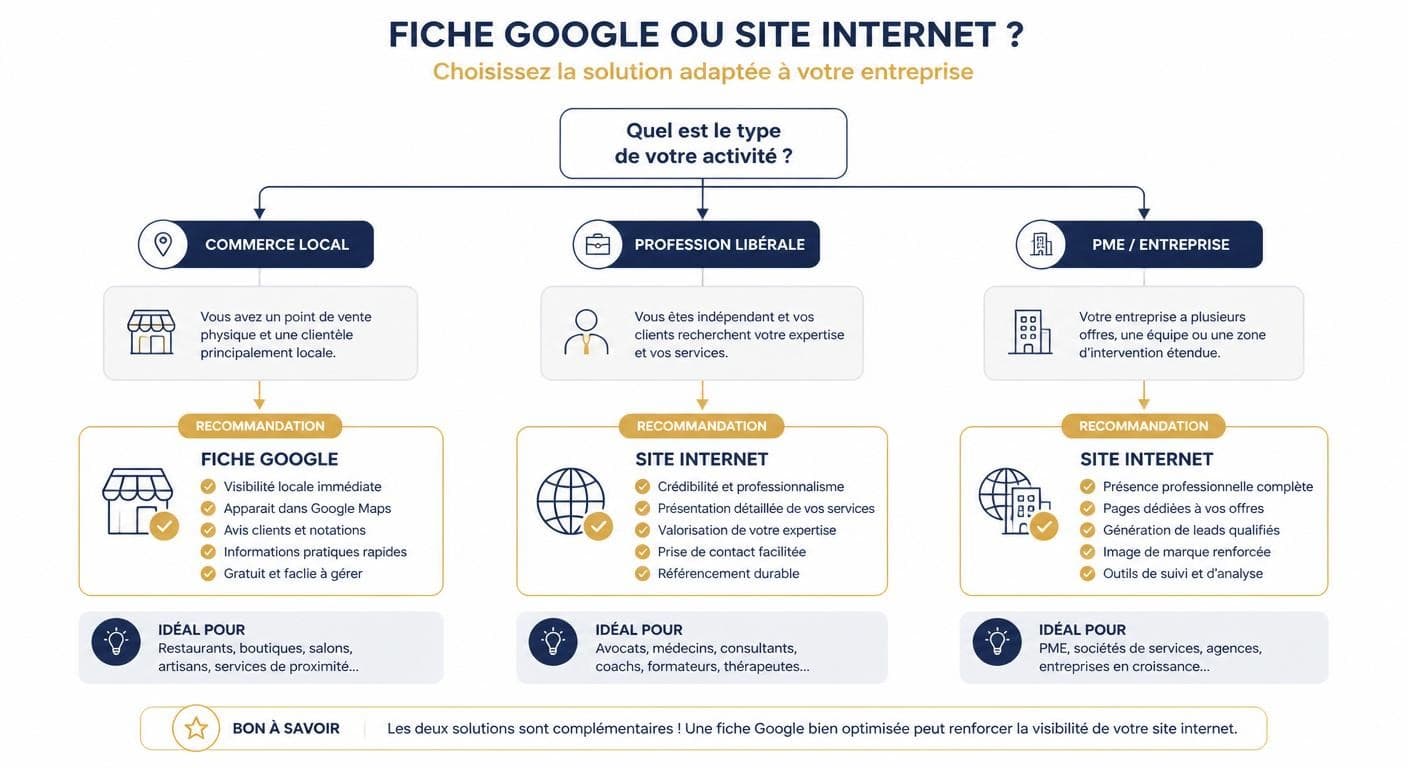 Arbre de décision fiche Google ou site internet selon le type d'entreprise