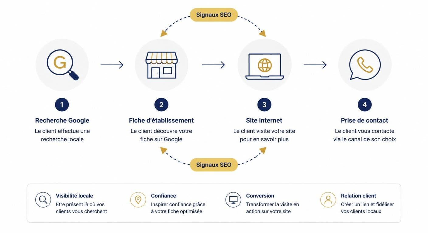 Infographie du parcours client reliant la fiche Google et le site internet jusqu'au contact